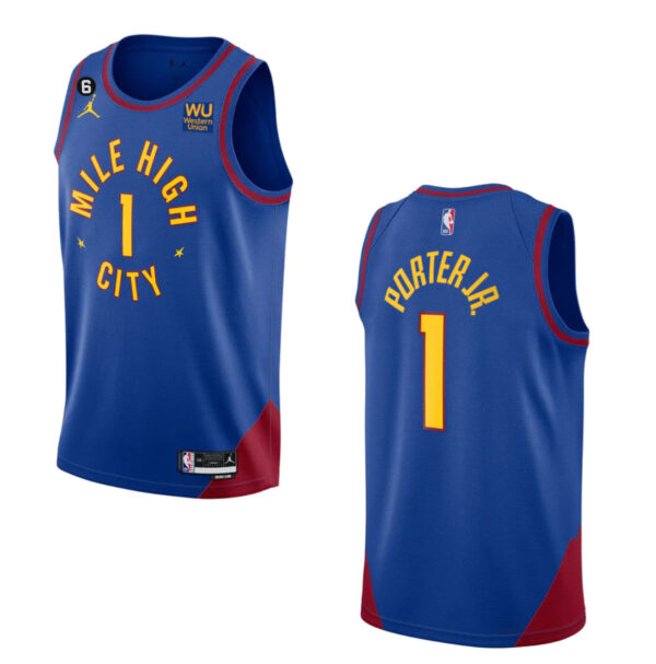 Men's Denver Nuggets #1 Michael Porter Jr. Blue 2022 23 Statement Edition With NO.6 PatchStitched Jersey