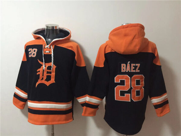 Men's Detroit Tigers #28 Javier Báez Black Orange Lace-Up Pullover Hoodie