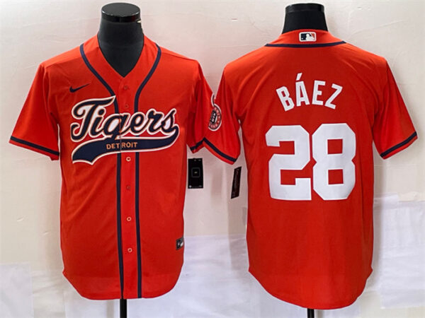 Men's Detroit Tigers #28 Javier Báez Orange Cool Base Stitched Baseball Jersey