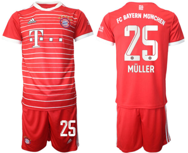 Men's FC Bayern Munich #25 Thomas Muller 22 23 Red Home Soccer Jersey Suit