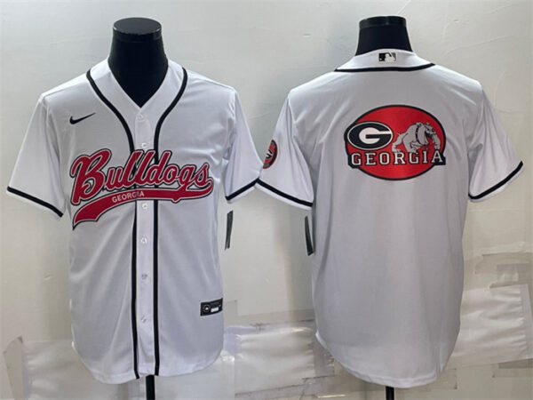 Men's Georgia Bulldogs White Team Big Logo With Patch Cool Base Stitched Baseball JerseyS