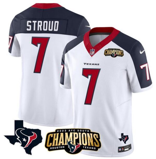 Men's Houston Texans #7 C.J. Stroud White Navy 2023 F.U.S.E. AFC South Champions Patch And Team Logo Patch Vapor Untouchable Limited Stitched Football Jersey