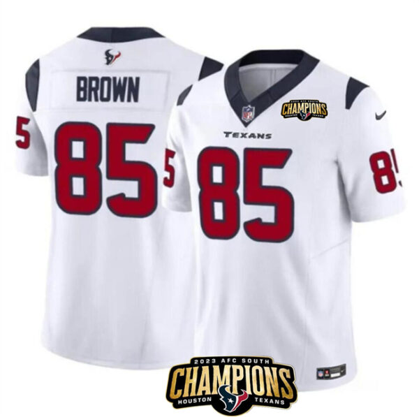 Men's Houston Texans #85 Noah Brown White 2023 F.U.S.E. AFC South Champions Patch Vapor Untouchable Limited Stitched Football Jersey