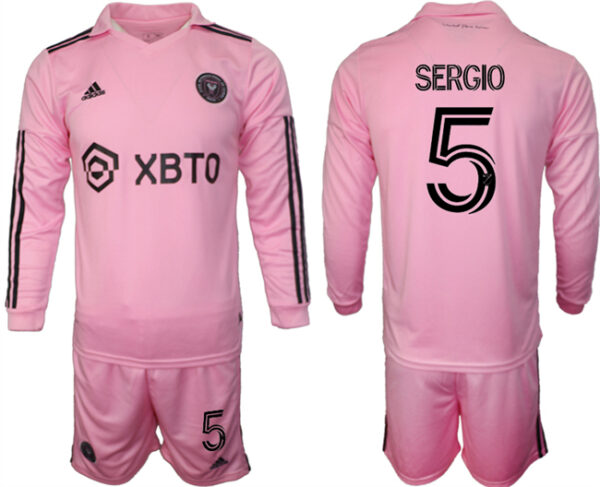 Men's Inter Miami CF #5 Sergio 2023 24 Pink Home Soccer Jersey Suit