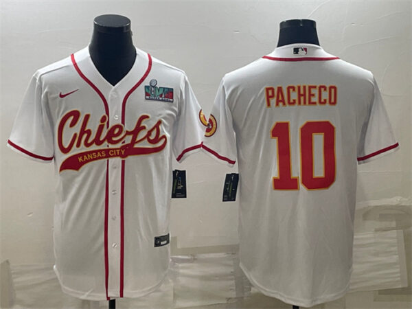 Men's Kansas City Chiefs #10 Isiah Pacheco White With Super Bowl LVII Patch Cool Base Stitched Baseball Jersey