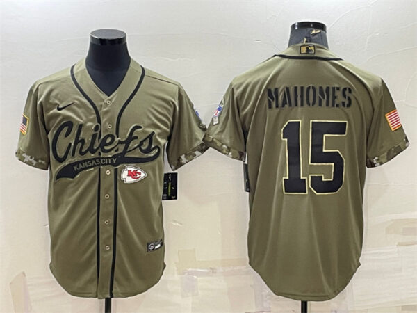 Men's Kansas City Chiefs #15 Patrick Mahomes 2022 Olive Salute To Service Cool Base Stitched Baseball Jersey