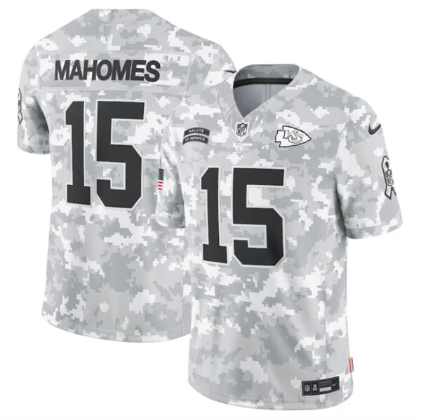 Men's Kansas City Chiefs #15 Patrick Mahomes 2024 Arctic Camo Salute To Service Limited Stitched Football Jersey