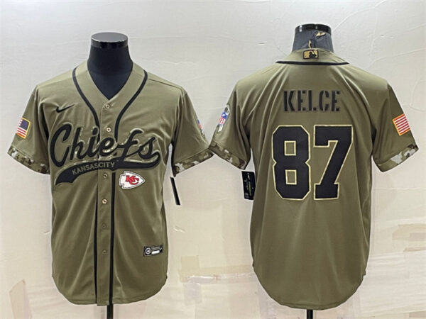 Men's Kansas City Chiefs #87 Travis Kelce 2022 Olive Salute To Service Cool Base Stitched Baseball Jersey