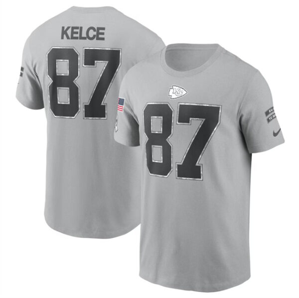 Men's Kansas City Chiefs #87 Travis Kelce 2024 Gray Salute To Service Name & Number T-Shirt