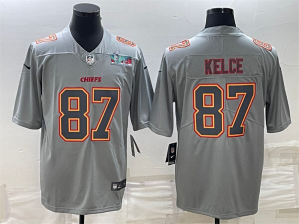 Men's Kansas City Chiefs #87 Travis Kelce Gray Super Bowl LVII Patch Atmosphere Fashion Stitched Jersey