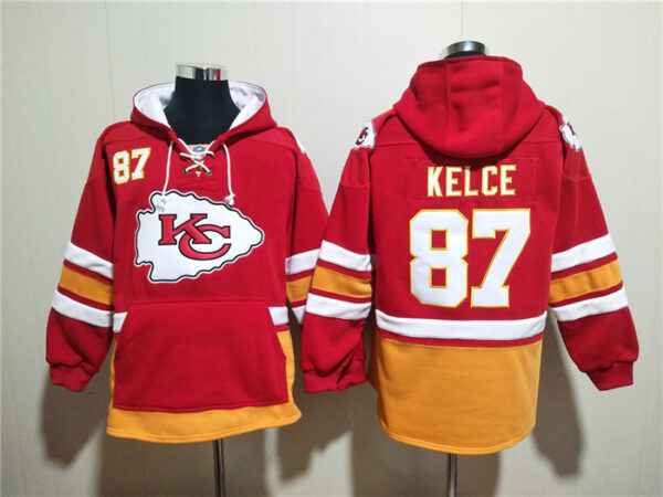 Men's Kansas City Chiefs #87 Travis Kelce Red Lace-Up Pullover Hoodie