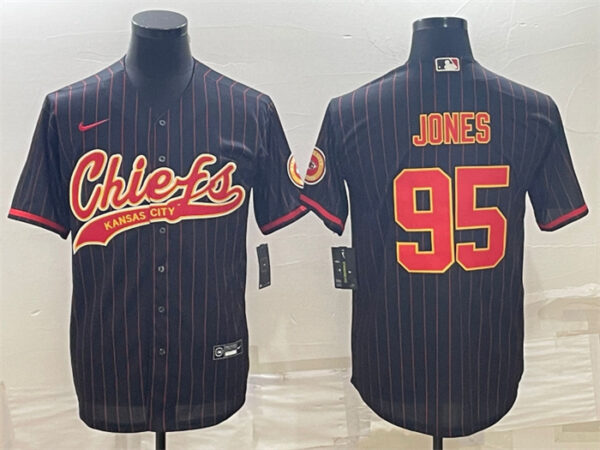 Men's Kansas City Chiefs #95 Chris Jones Black With Patch Cool Base Stitched Baseball Jerseys