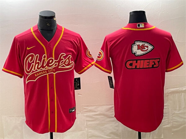 Men's Kansas City Chiefs Red Team Big Logo With Patch Cool Base Stitched Baseball Jersey