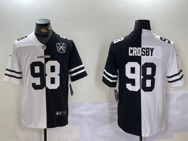 Men's Las Vegas Raiders #98 Maxx Crosby Black & White Split With 65th Anniversary Patch Vapor Limited Stitched Jerseys