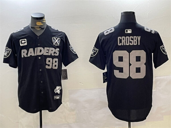 Men's Las Vegas Raiders #98 Maxx Crosby Black With Nevada Silver Stat Patch And 65th Anniversary Patch 3-Star C Patch Stitched Baseball Jersey