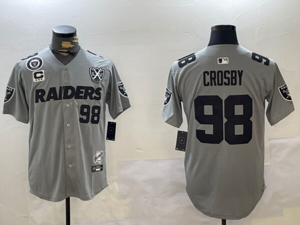 Men's Las Vegas Raiders #98 Maxx Crosby Grey With Nevada Silver Stat Patch And 65th Anniversary Patch 3-Star C Patch Stitched Baseball Jerseys