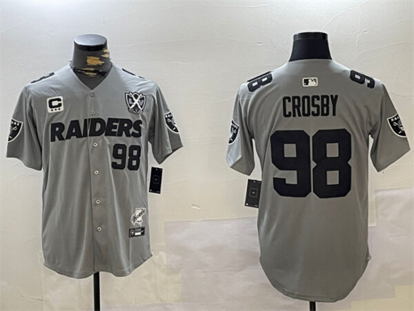 Men's Las Vegas Raiders #98 Maxx Crosby Grey With Nevada Silver Stat Patch And 65th Anniversary Patch 3-Star C Patch Stitched Baseball Jersey