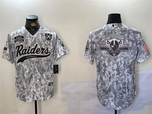 Men's Las Vegas Raiders Team Big Logo 2024 Arctic Camo Salute To Service With 65th Anniversary Patch Stitched Baseball Jerseys