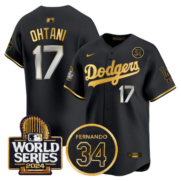 Men's Los Angeles Dodgers #17 Shohei Ohtani Black Gold 2024 World Series With Fernando Memorial Patch Limited Stitched Baseball Jersey