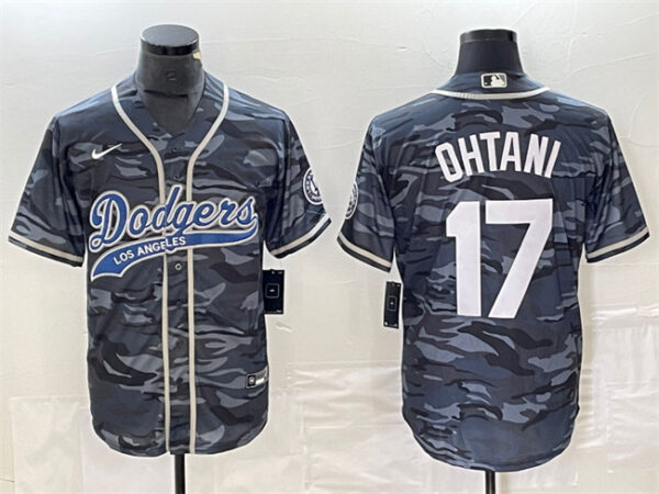 Men's Los Angeles Dodgers #17 Shohei Ohtani Gray Camo Cool Base With Patch Stitched Baseball Jersey