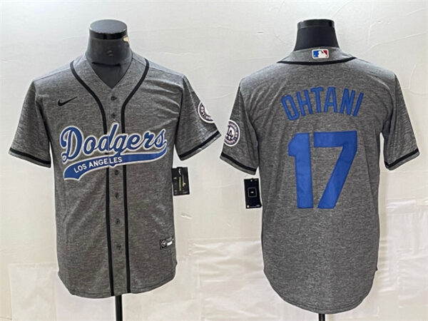 Men's Los Angeles Dodgers #17 Shohei Ohtani Gray Cool Base With Patch Stitched Baseball Jersey