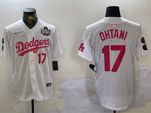 Men's Los Angeles Dodgers #17 Shohei Ohtani White Pink 2024 World Series Vin & Kobe Patch Limited Stitched Baseball Jersey