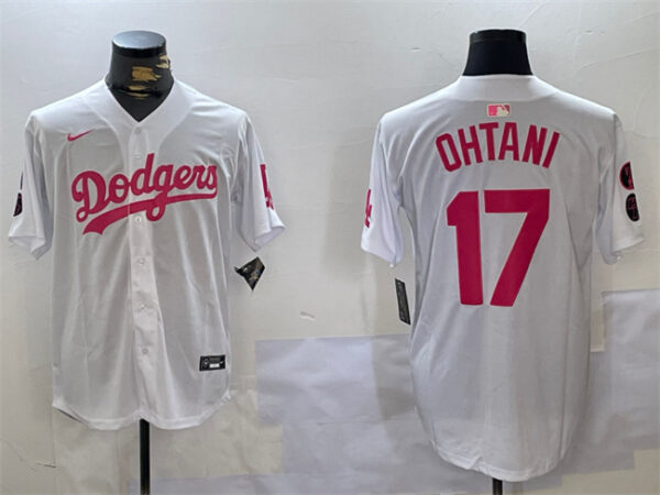 Men's Los Angeles Dodgers #17 Shohei Ohtani White Pink Vin & Kobe Patch Limited Stitched Baseball Jersey