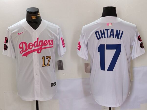 Men's Los Angeles Dodgers #17 Shohei Ohtani White Pink Vin & Kobe Patch Stitched Baseball Jerseys