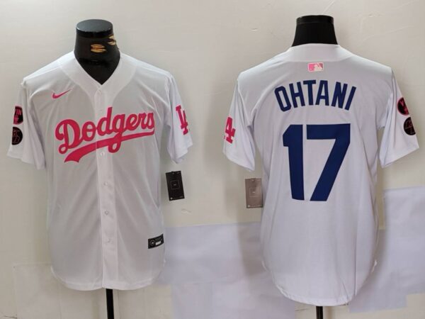 Men's Los Angeles Dodgers #17 Shohei Ohtani White Pink Vin & Kobe Patch Stitched Baseball Jerseys