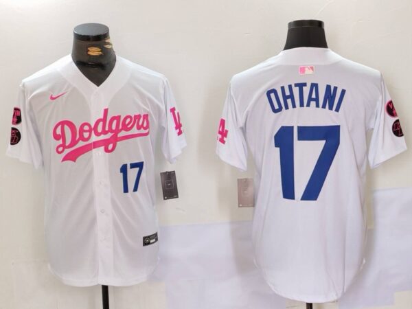 Men's Los Angeles Dodgers #17 Shohei Ohtani White Pink Vin & Kobe Patch Stitched Baseball Jerseys