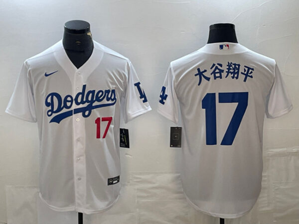 Men's Los Angeles Dodgers #17 大谷翔平 White With Patch Cool Base Stitched Baseball Jersey