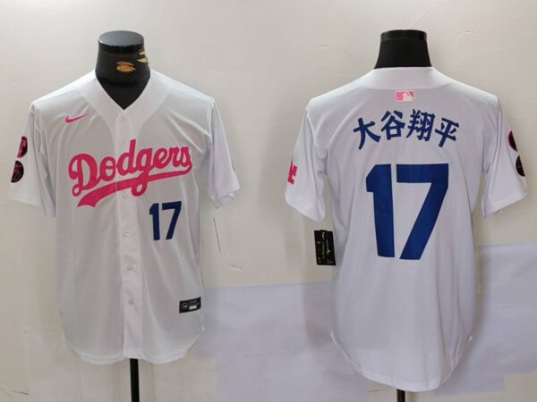 Men's Los Angeles Dodgers #17大谷翔平 White Pink Vin & Kobe Patch Stitched Baseball Jerseys