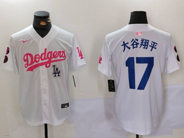 Men's Los Angeles Dodgers #17大谷翔平 White Pink Vin & Kobe Patch Stitched Baseball Jerseys