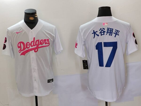 Men's Los Angeles Dodgers #17大谷翔平 White Pink Vin & Kobe Patch Stitched Baseball Jerseys