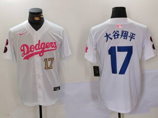 Men's Los Angeles Dodgers #17大谷翔平 White Pink Vin & Kobe Patch Stitched Baseball Jerseys