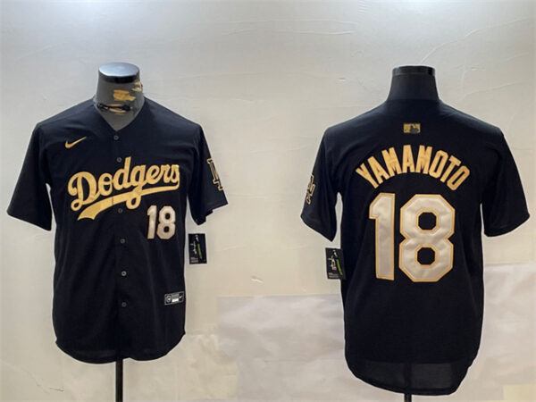 Men's Los Angeles Dodgers #18 Yoshinobu Yamamoto Black Gold Limited Stitched Baseball Jersey