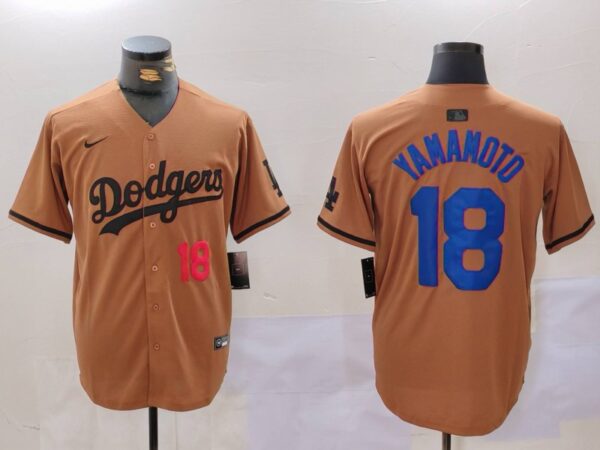 Men's Los Angeles Dodgers #18 Yoshinobu Yamamoto Brown Cool Base Stitched Baseball Jerseys