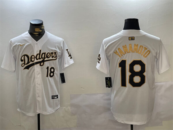 Men's Los Angeles Dodgers #18 Yoshinobu Yamamoto White Gold Home Limited Stitched Baseball Jersey 1