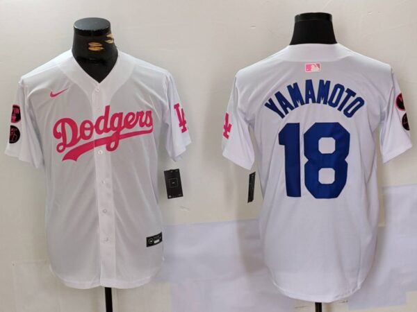 Men's Los Angeles Dodgers #18 Yoshinobu Yamamoto White Pink Vin & Kobe Patch Stitched Baseball Jerseys