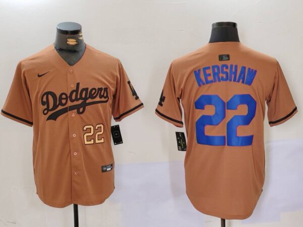 Men's Los Angeles Dodgers #22 22 Clayton Kershaw Brown Cool Base Stitched Baseball Jersey