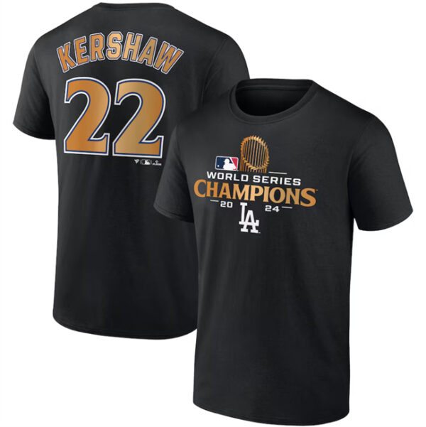 Men's Los Angeles Dodgers #22 Clayton Kershaw Black 2024 World Series Champions Name & Number T-Shirt