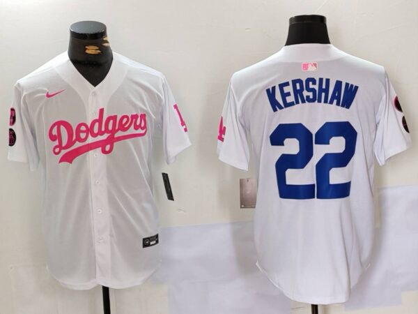 Men's Los Angeles Dodgers #22 Clayton Kershaw White Pink Vin & Kobe Patch Stitched Baseball Jerseys