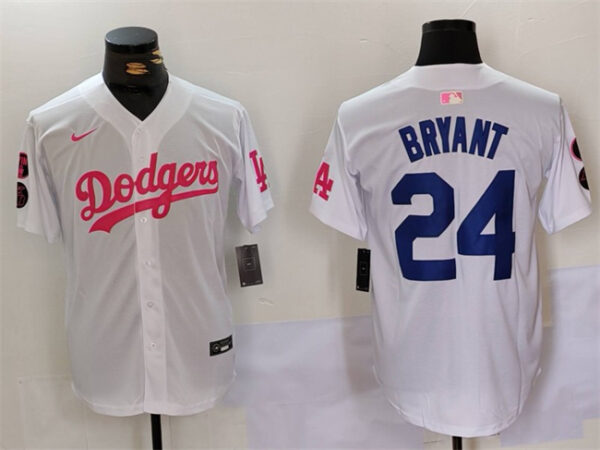 Men's Los Angeles Dodgers #24 Kobe Bryant White Pink Vin & Kobe Patch Stitched Baseball Jersey