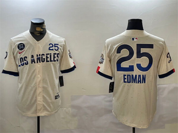 Men's Los Angeles Dodgers #25 Tommy Edman Cream 2024 World Series With Fernando Memorial Patch City Connect Limited Stitched Baseball Jersey