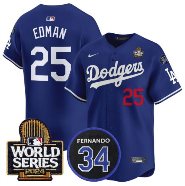 Men's Los Angeles Dodgers #25 Tommy Edman Royal 2024 World Series With Fernando Memorial Patch Alternate Limited Stitched Baseball Jersey