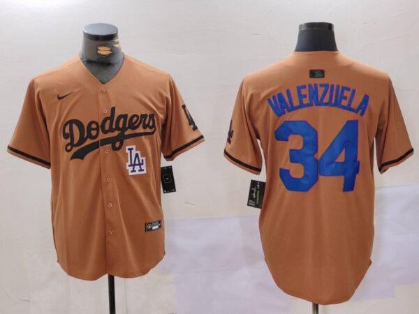 Men's Los Angeles Dodgers #34 Fernando Valenzuela Brown Cool Base Stitched Baseball Jerseys