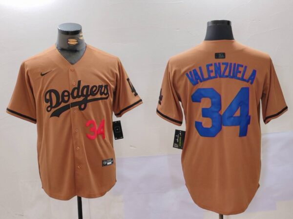 Men's Los Angeles Dodgers #34 Fernando Valenzuela Brown Cool Base Stitched Baseball Jerseys