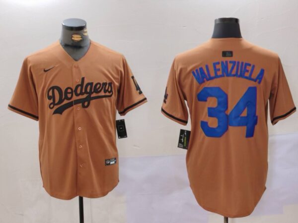 Men's Los Angeles Dodgers #34 Fernando Valenzuela Brown Cool Base Stitched Baseball Jerseys