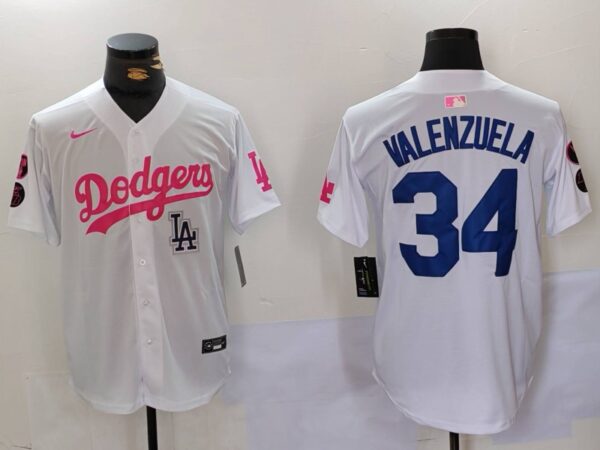 Men's Los Angeles Dodgers #34 Fernando Valenzuela White Pink Vin & Kobe Patch Stitched Baseball Jersey