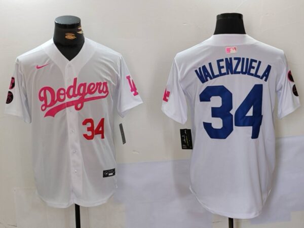 Men's Los Angeles Dodgers #34 Fernando Valenzuela White Pink Vin & Kobe Patch Stitched Baseball Jerseys